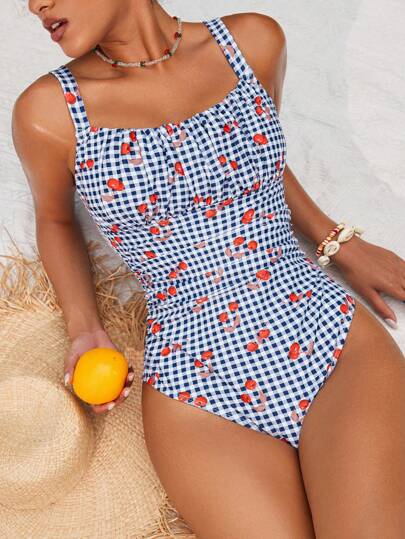 مايوه حريمي قطعة واحدة Swim Mod قطعة واحدة من ملابس السباحة نسائية ذات طبعة الكشمير والكرز مع حزام كشكشة