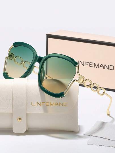 LINFEMAND نظارات زينة ذات إطار معدني كلاسيكي نصف إطار بتصميم السلسلة، إطار كبير للنساء، هدية موسمية للعطلات الصيفية والشاطئ والرحلات، سلسلة مظلة شمسية بأناقة أسلوب فراشة كبيرة الحجم