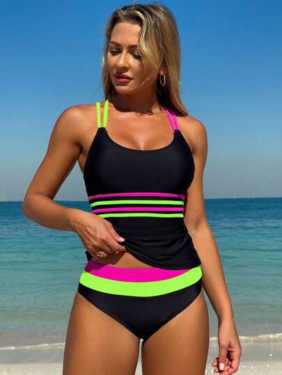 طقم تانكيني حريمي Swim SPRTY إطلالة شاطئية لمرأة بقطعتين من البكيني، صديرية ذات حمالات متقاطعة باللون المتباين