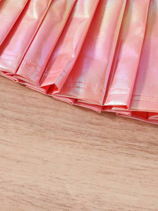 2 قطعة ملابس لفتاة رضيعة موديل طباعة أزهار مطرز على الربطة وبلوزة أكمام قصيرة وتنورة مطوية ، للصيف