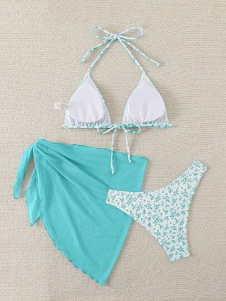 Swim Vcay طقم بكيني مكشوف مع أربطة خلفية وسكارف مطابق للنساء في فصل الصيف مع طبعة زهور دقيقة