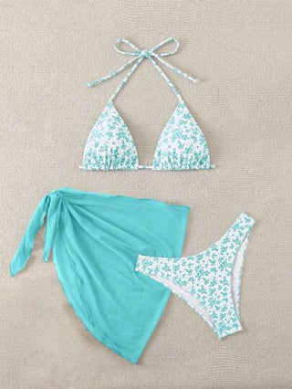 Swim Vcay طقم بكيني مكشوف مع أربطة خلفية وسكارف مطابق للنساء في فصل الصيف مع طبعة زهور دقيقة