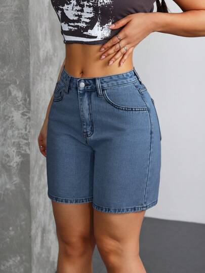 SHEIN Tall شورتات جينز سيدات غسل ملابس علوية الخصر وسط الخصر عادي Y2K