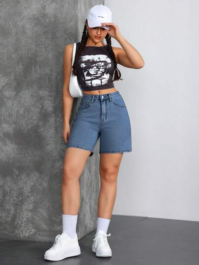 SHEIN Tall شورتات جينز سيدات غسل ملابس علوية الخصر وسط الخصر عادي Y2K
