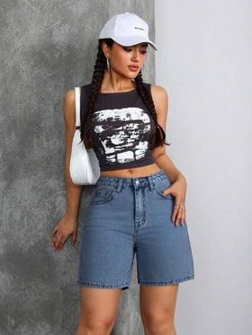 SHEIN Tall شورتات جينز سيدات غسل ملابس علوية الخصر وسط الخصر عادي Y2K