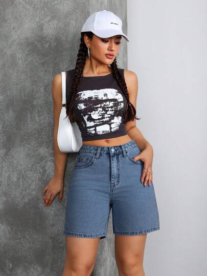 SHEIN Tall شورتات جينز سيدات غسل ملابس علوية الخصر وسط الخصر عادي Y2K