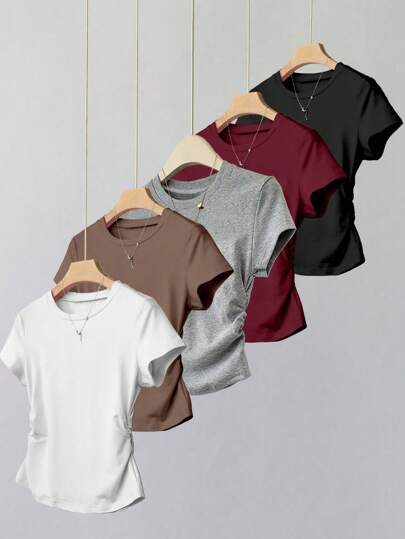 SHEIN Explorewe 5 قطع طقم قمصان قصيرة الأكمام بخصر ضيق لون واحد أساسي للبنات المراهقات