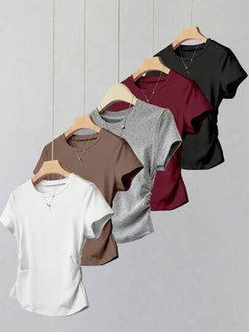 SHEIN Explorewe 5 قطع طقم قمصان قصيرة الأكمام بخصر ضيق لون واحد أساسي للبنات المراهقات