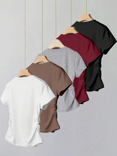 SHEIN Explorewe 5 قطع طقم قمصان قصيرة الأكمام بخصر ضيق لون واحد أساسي للبنات المراهقات