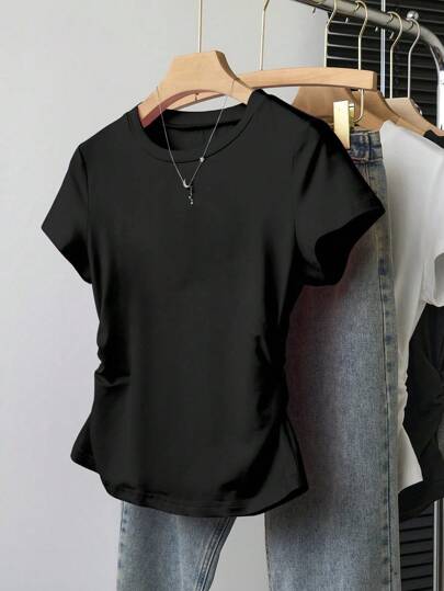 SHEIN Explorewe 5 قطع طقم قمصان قصيرة الأكمام بخصر ضيق لون واحد أساسي للبنات المراهقات