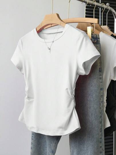 SHEIN Explorewe 5 قطع طقم قمصان قصيرة الأكمام بخصر ضيق لون واحد أساسي للبنات المراهقات