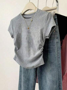 SHEIN Explorewe 5 قطع طقم قمصان قصيرة الأكمام بخصر ضيق لون واحد أساسي للبنات المراهقات