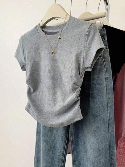 SHEIN Explorewe 5 قطع طقم قمصان قصيرة الأكمام بخصر ضيق لون واحد أساسي للبنات المراهقات
