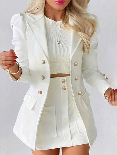 بدلة رسمية من قطعتين للنساء تتكون من جاكيت بلايزر بأكمام منتفخة ذو أزرار مزدوجة بلون أحادي شخصي + تنورة رسمية أنيقة، مناسبة للعمل والتنقل والحفلات
