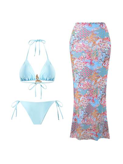 طقم تانكيني حريمي Swim SXY طقم مكون من 3 قطع: توب حلقة رفيع ذو لون أحادي بسيط، سراويل مثلثة مربوطة جانبية، وفستان ماكسي ذو حمالات رفيعة بطبعة بروك