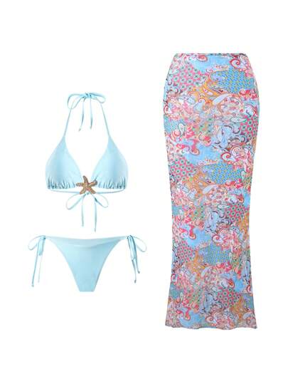 طقم تانكيني حريمي Swim SXY طقم مكون من 3 قطع: توب حلقة رفيع ذو لون أحادي بسيط، سراويل مثلثة مربوطة جانبية، وفستان ماكسي ذو حمالات رفيعة بطبعة بروك