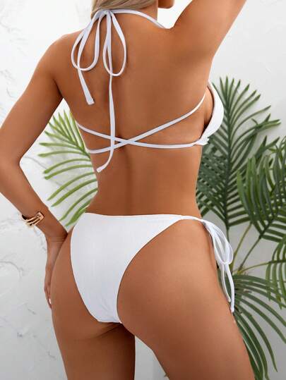 Swim Vcay بكيني مخطط مثير للنساء، بتصميم هالتر، ملابس شاطئ صيفية راقية بحواف مكشكشة