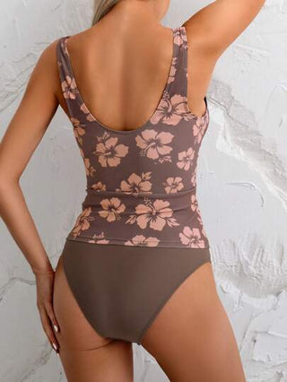 طقم تانكيني حريمي Swim Lushoire مجموعة بكيني مكونة من ملابس علوية مطبوع عشوائي بحرزمات وأسفل بلون أحادي للنساء