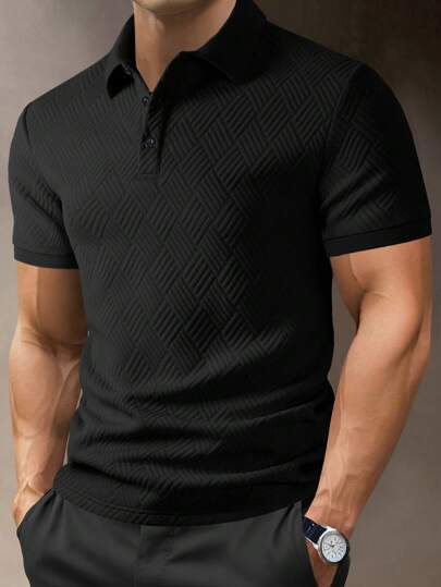 Manfinity Homme قميص بولو قصير الأكمام برسومات ملمسية لرجال، كاجوال وعصري لفصل الصيف