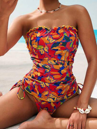 طقم تانكيني حريمي Swim Lushoire مجموعة بنطال تنكيني للنساء بأعلى محصور مطبوع بالزهور ذو كشكشة وسفل مثلث
