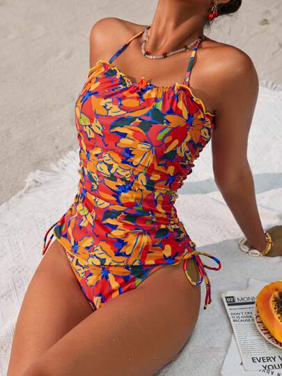 طقم تانكيني حريمي Swim Lushoire مجموعة بنطال تنكيني للنساء بأعلى محصور مطبوع بالزهور ذو كشكشة وسفل مثلث
