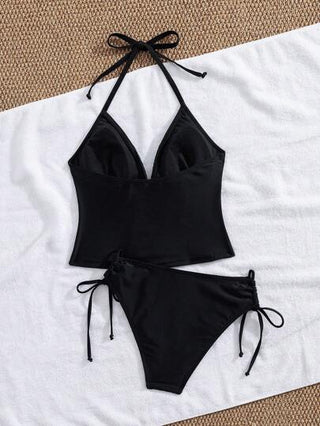 طقم تانكيني حريمي Swim Mod بيكيني ذو قطعتين للنساء للصيف، ملابس علوية من نوع التانكيني المنطقة العليا مطرز بأزهار وأسفل الربطة الجانبية