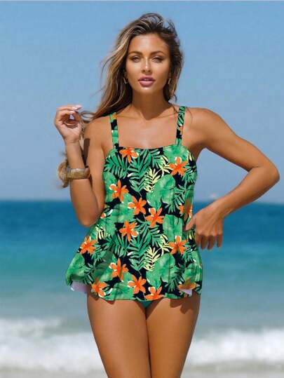 طقم تانكيني حريمي Swim Lushoire مجموعة الإجازة الربيعية 2 قطعة، تصميم متموج مطبوع بنقشة الزهور عشوائية لخصر مريح وخصر نحيف للنساء الراقية ، بلايز كاميسول وبيكيني سباحة