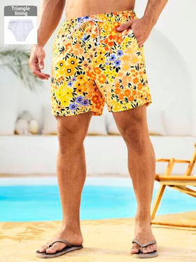 Manfinity Swimmode شورت رجالي بطبعات زهور على الجيب وسحاب الخصر، مناسب للصيف