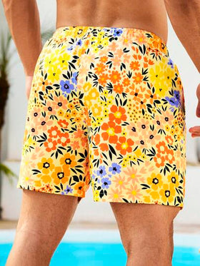 Manfinity Swimmode شورت رجالي بطبعات زهور على الجيب وسحاب الخصر، مناسب للصيف