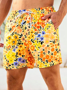 Manfinity Swimmode شورت رجالي بطبعات زهور على الجيب وسحاب الخصر، مناسب للصيف