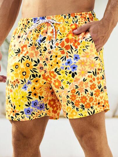 Manfinity Swimmode شورت رجالي بطبعات زهور على الجيب وسحاب الخصر، مناسب للصيف