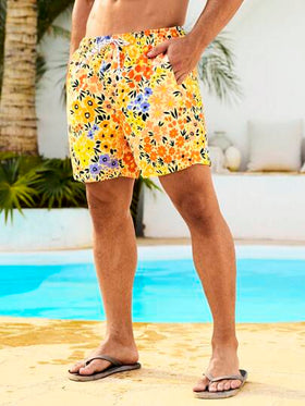 Manfinity Swimmode شورت رجالي بطبعات زهور على الجيب وسحاب الخصر، مناسب للصيف