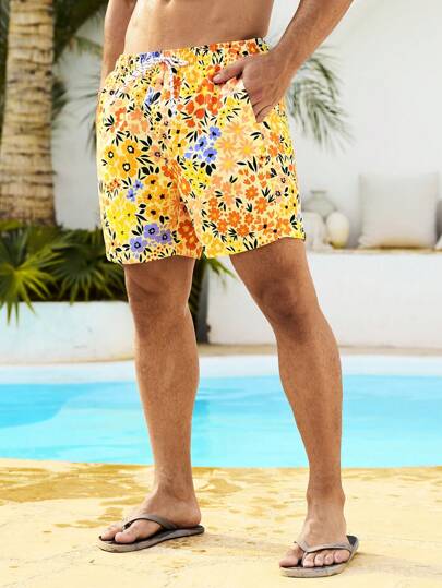 Manfinity Swimmode شورت رجالي بطبعات زهور على الجيب وسحاب الخصر، مناسب للصيف