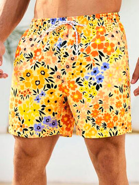 Manfinity Swimmode شورت رجالي بطبعات زهور على الجيب وسحاب الخصر، مناسب للصيف