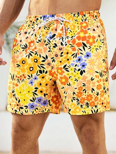 Manfinity Swimmode شورت رجالي بطبعات زهور على الجيب وسحاب الخصر، مناسب للصيف