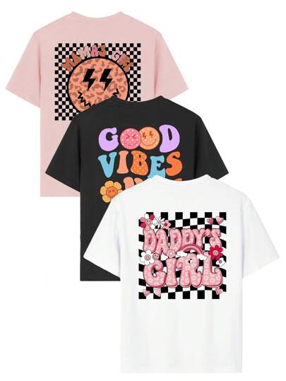 تيشيرتات بناتي مجموعة من 3 قطع من قمصان T-shirt بأكمام قصيرة وياقة طاقم مطبوعة برسومات للفتيات ، ملابس صيفية للطلاب والأطفال الصغار - القمصان الملونة تُدخل البهجة والسعادة لكل طفل!
