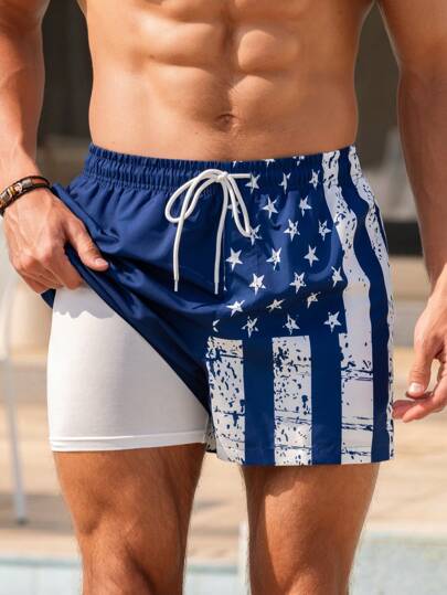 Manfinity Swimmode شورت شاطئ بخصر رباط مطبوع بعلم أمريكا، صيفي