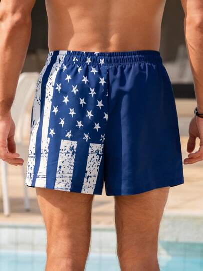 Manfinity Swimmode شورت شاطئ بخصر رباط مطبوع بعلم أمريكا، صيفي