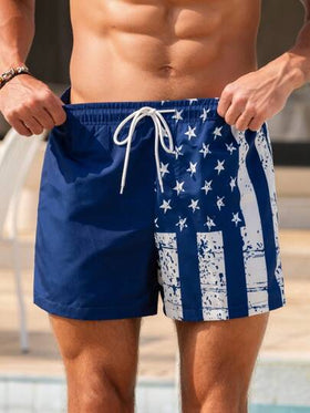 Manfinity Swimmode شورت شاطئ بخصر رباط مطبوع بعلم أمريكا، صيفي