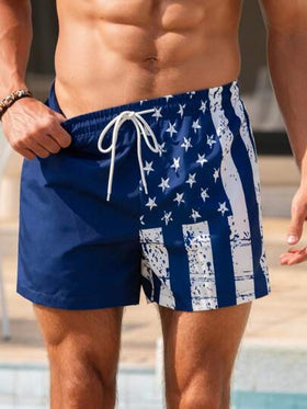Manfinity Swimmode شورت شاطئ بخصر رباط مطبوع بعلم أمريكا، صيفي