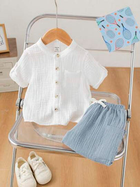 SHEIN طقم ملابس علوية كم قصير ذات طوق عالي وبنطلون طويل مرن مناسب للأطفال البنات والأولاد، ملائم للارتداء اليومي، الرياضة، اللعب، الحفلات، التصوير الفوتوغرافي، العطلات والمناسبات في الربيع والصيف
