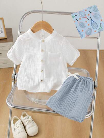 SHEIN طقم ملابس علوية كم قصير ذات طوق عالي وبنطلون طويل مرن مناسب للأطفال البنات والأولاد، ملائم للارتداء اليومي، الرياضة، اللعب، الحفلات، التصوير الفوتوغرافي، العطلات والمناسبات في الربيع والصيف