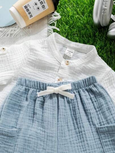 SHEIN طقم ملابس علوية كم قصير ذات طوق عالي وبنطلون طويل مرن مناسب للأطفال البنات والأولاد، ملائم للارتداء اليومي، الرياضة، اللعب، الحفلات، التصوير الفوتوغرافي، العطلات والمناسبات في الربيع والصيف