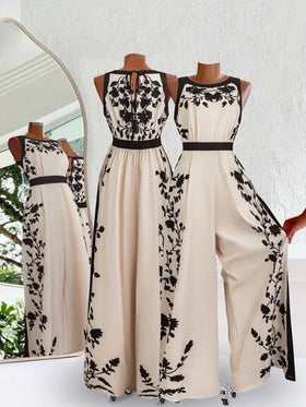 SHEIN Clasi جمبسوت جينز طويلة بطبعات، بدون أكمام، ياقة مستديرة وياقة حمالة، ذات خصر مطبوع مناسبة للسيدات البدينات للاستخدام اليومي والعطلات، بلا أكتاف، كاجوال للعمل، للخروج، بذلات شاملة للسيدات، بطراز المال القديم، ملابس صيفية للسيدات، للعطلات، ملابس صيفي