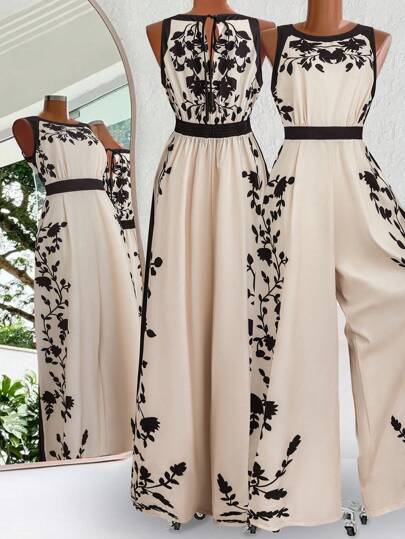 SHEIN Clasi جمبسوت جينز طويلة بطبعات، بدون أكمام، ياقة مستديرة وياقة حمالة، ذات خصر مطبوع مناسبة للسيدات البدينات للاستخدام اليومي والعطلات، بلا أكتاف، كاجوال للعمل، للخروج، بذلات شاملة للسيدات، بطراز المال القديم، ملابس صيفية للسيدات، للعطلات، ملابس صيفي