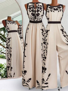 SHEIN Clasi جمبسوت جينز طويلة بطبعات، بدون أكمام، ياقة مستديرة وياقة حمالة، ذات خصر مطبوع مناسبة للسيدات البدينات للاستخدام اليومي والعطلات، بلا أكتاف، كاجوال للعمل، للخروج، بذلات شاملة للسيدات، بطراز المال القديم، ملابس صيفية للسيدات، للعطلات، ملابس صيفي