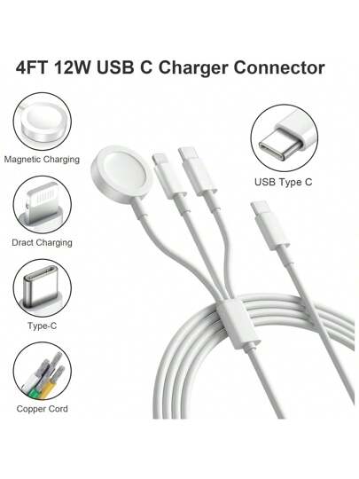شاحن USB آخر طراز A/نوع-C ، كابل شحن متعدد الوظائف، شحن سريع متوافق مع ساعة سلسلة الترا/SE/9/8/7/6/5/4/3/2/1، متوافق مع 16/15/14/13/12/11، مناسب للمكتب والسكن والشاحن اللاسلكي المنزلي
