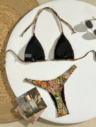 Swim مجموعة بكيني للنساء مكونة من قطعتين، بطبعات جلد النمر وطبعات استوائية مع لمسات معدنية ، مناسب للاستخدام اليومي والعطلات