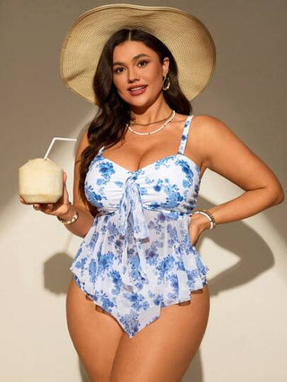 Swim Mod ملابس علوية كاميسول بيكيني مزخرفة بزهور صغيرة باللونين الأزرق والأبيض مقاس كبير للعطلات