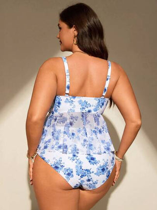 Swim Mod ملابس علوية كاميسول بيكيني مزخرفة بزهور صغيرة باللونين الأزرق والأبيض مقاس كبير للعطلات